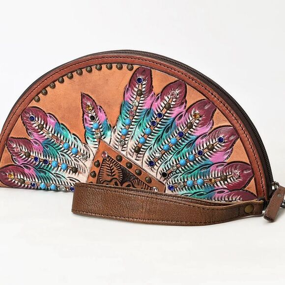 American Darling Tooled Leather Feather Headdress Wristlet Hand Painted Studded - Picture 6 of 6